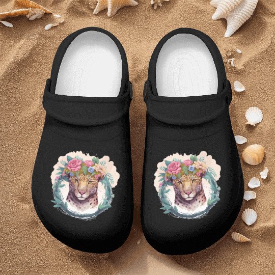 Jaguar Flower Crown Floral Watercolor Nurse Clogs