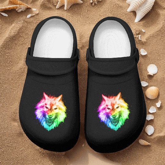 Bright Colorful Wolf Head – Rainbow Howling Wolf F Nurse Clogs