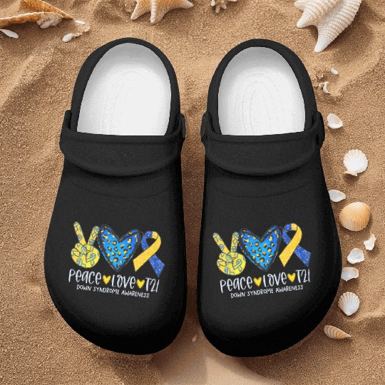Peace Love T21 Blue Yellow Ribbon Down Syndrome Aw Nurse Clogs