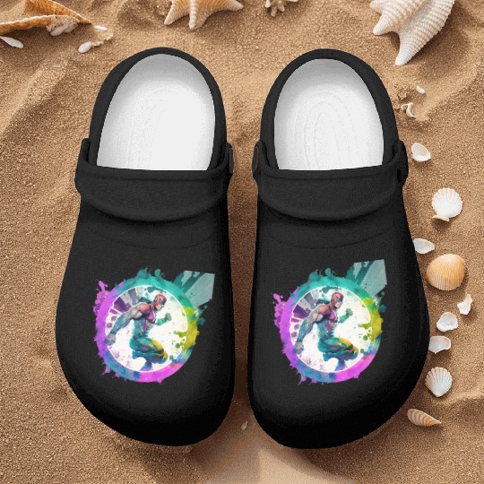A Pop Art watercolour cyberpunk superhero swimming Nurse Clogs