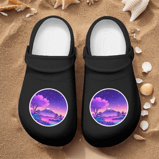 Japan Mount Fuji Night Sky Lo-Fi Art Retro Purple Nurse Clogs