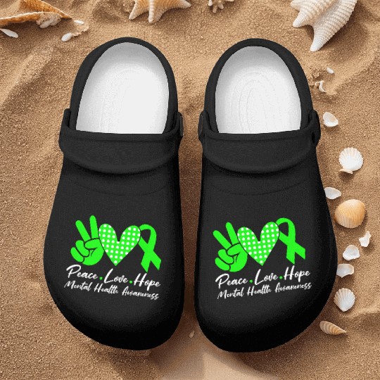Peace Love Hope Tal Health Awareness Green Ribbon Nurse Clogs
