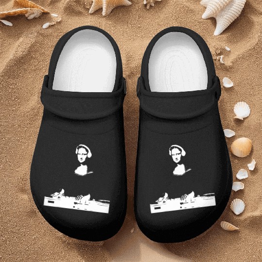 Dj Mona Lisa with Dj Headphone behind a dj table Nurse Clogs