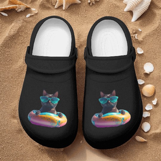 Black Cat Wearing Sunglasses in Float Nurse Clogs