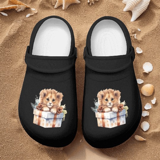 African Lion inside a Christmas gift box Nurse Clogs