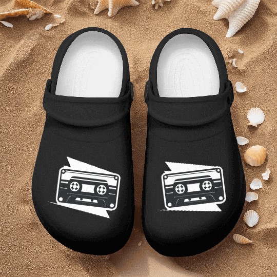 A vintage-inspired illustration of cassette tape Nurse Clogs