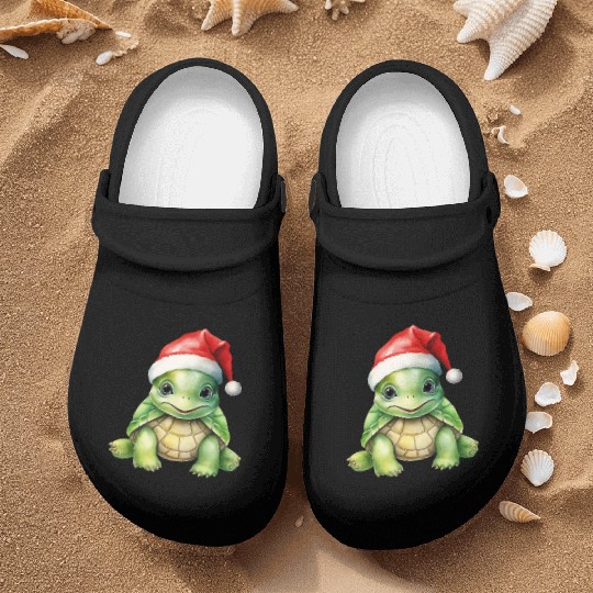 cute green sea turtle wearing a Santa hat Nurse Clogs