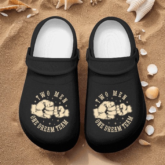 Father and son bump fists Nurse Clogs
