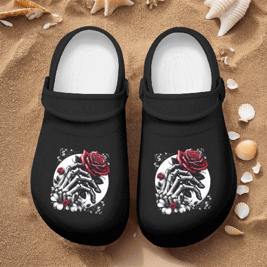 Gothic Red Rose in Skeleton's Embrace Nurse Clogs