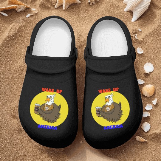 Wake Up America - Bald Eagle Drinking Coffee Nurse Clogs