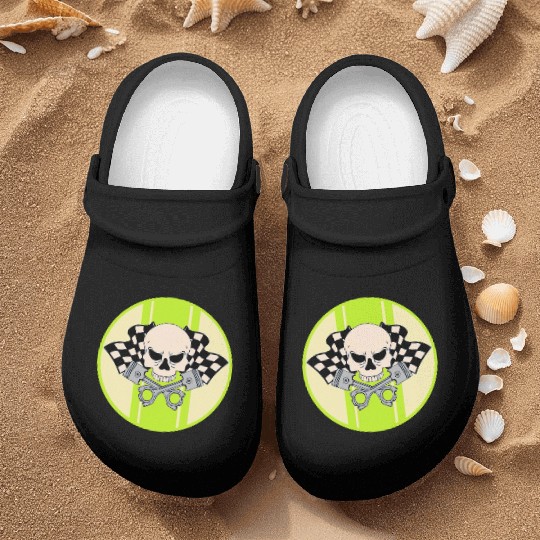 Light green racing stripe with skull and pistons Nurse Clogs