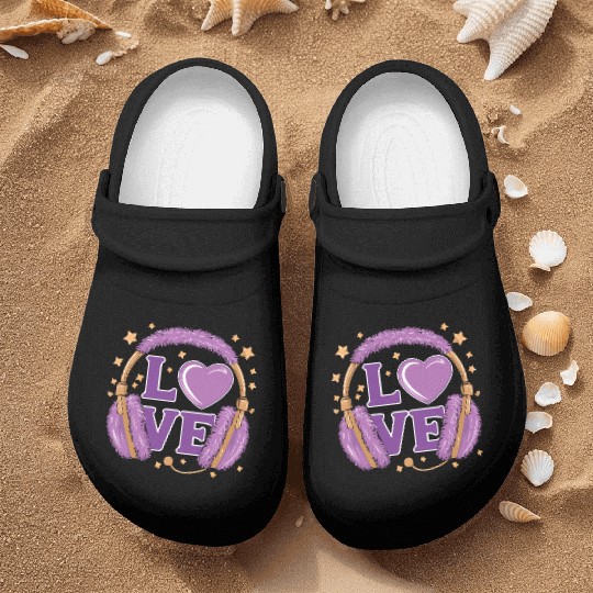 Purple Love Music Headphones with Stars and Heart Nurse Clogs