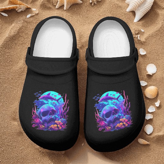 Neon Blue Skull and Shark Nurse Clogs