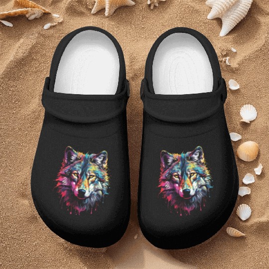 Big Colorful Wolf Nurse Clogs