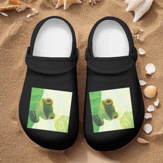 Cute Green Frog Peeping out From Behind Lily Pad Nurse Clogs