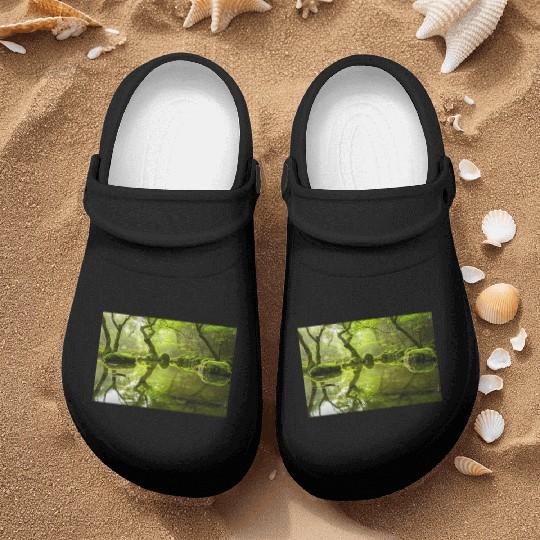 Enchanted Forest Reflections in Tranquil Pond Nurse Clogs