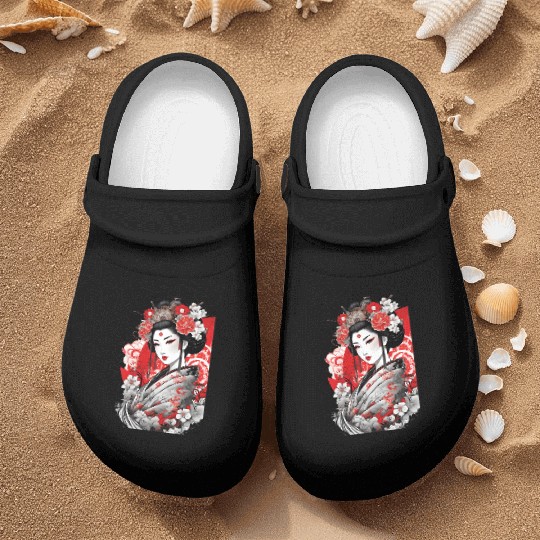 Elegant Geisha with Floral Kimono Nurse Clogs