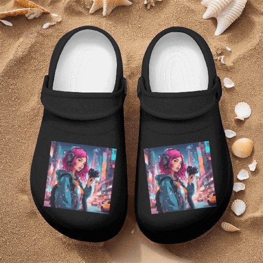 Cyberpunk Pink-Haired Girl - Neon Dreams Nurse Clogs