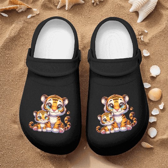 Adorable Mommy and Baby Tiger Illustration with Nurse Clogs
