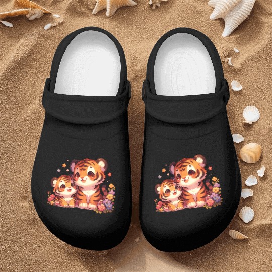 Adorable Tiger Cubs Surrounded By Flowers Nurse Clogs