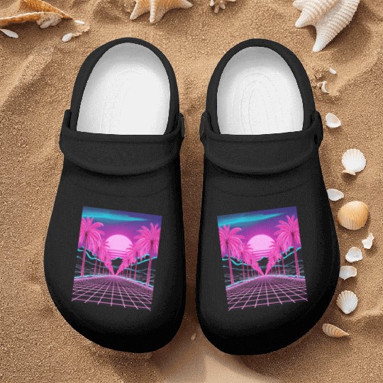Neon Dreamscape: Retro-Futuristic Synthwave Sunset Nurse Clogs