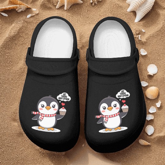 Penguin Thinking About Cupcakes Fun Animal Graphic Nurse Clogs