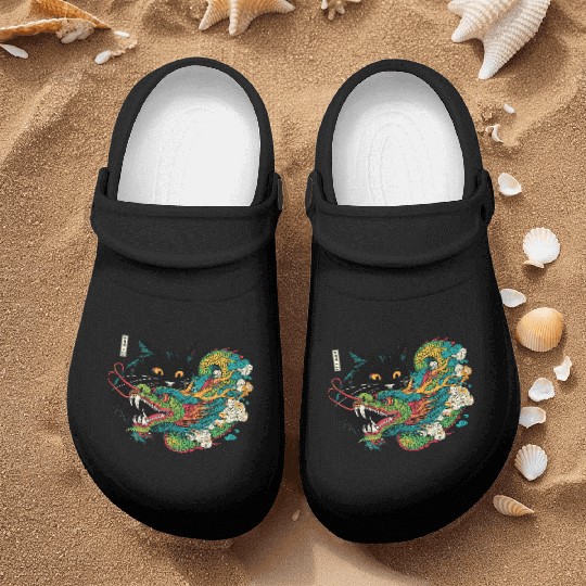 Ukiyo-e Black Cat Chinese Dragon Nurse Clogs
