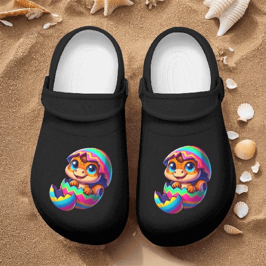 Cute Dino hatching from colorful Easter egg Nurse Clogs