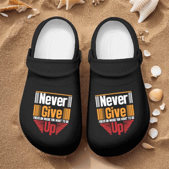 Never Give Up – Motivational Red & Orange Logo Nurse Clogs