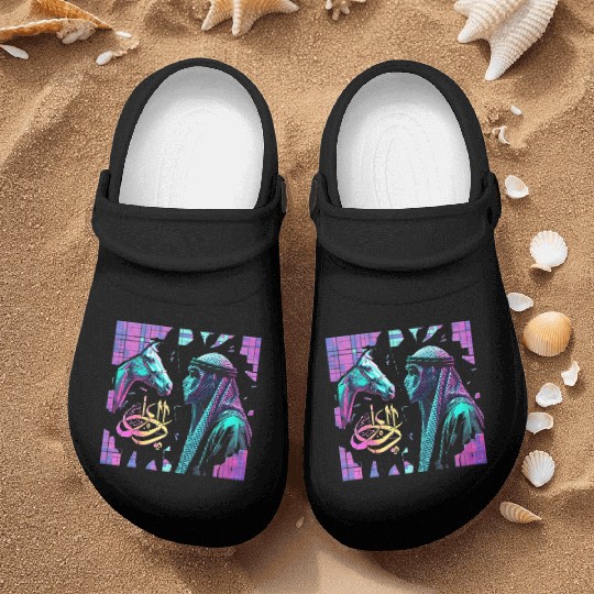 Neon Arabian Horse & Bedouin – Futuristic Eastern Nurse Clogs