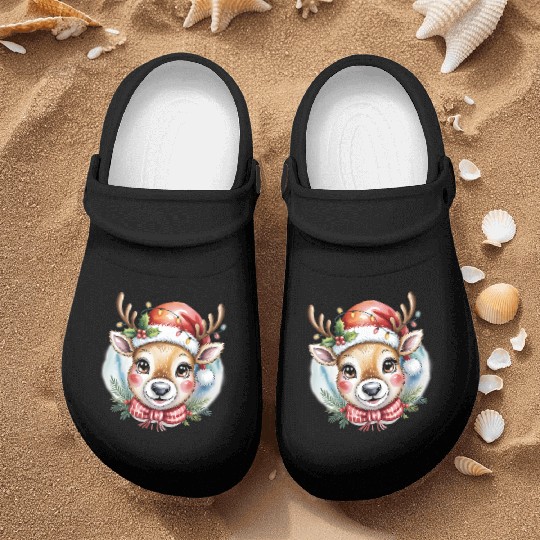 Cute Rudolph Reindeer Watercolor Christmas Art Nurse Clogs