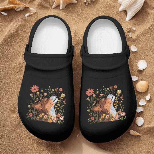 Serene Howling Wolf Amid Floral Bloom Nurse Clogs