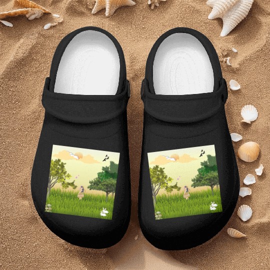 Serene Forest Girl with Bunny and Birds Nurse Clogs
