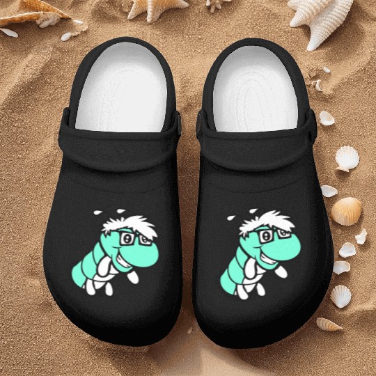 Nerd caterpillar peeks through hole Geek worm cool Nurse Clogs