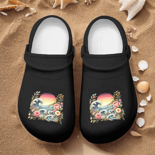 Elegant Wave and Floral Sunset Scene - GOD IS GOOD Nurse Clogs