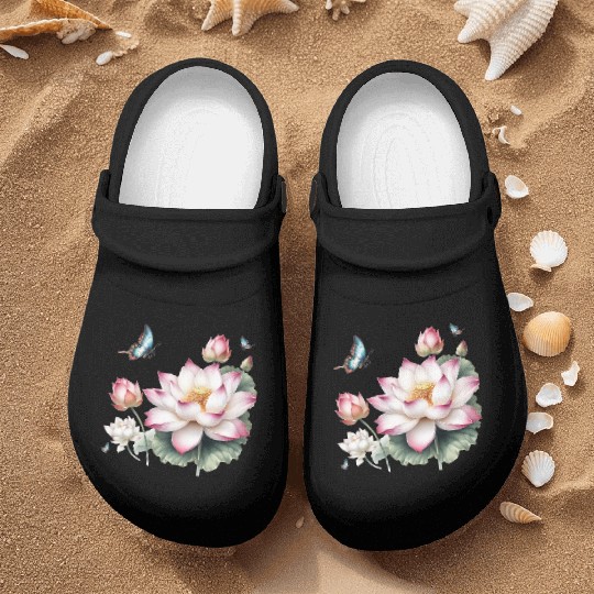 Light Pink Lotus and Butterflies  Nurse Clogs