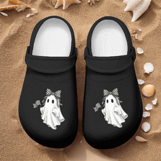 Ghost Boo Checkered Bow Race Day Racing Flag Racer Nurse Clogs