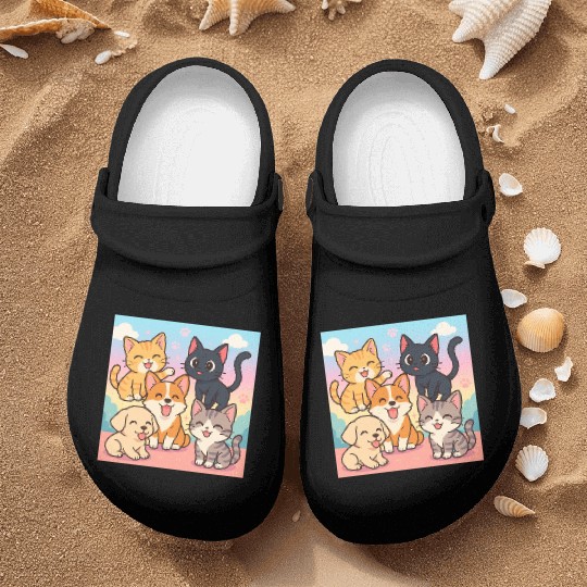 Colorful Cute Cats and Puppy Illustration Nurse Clogs