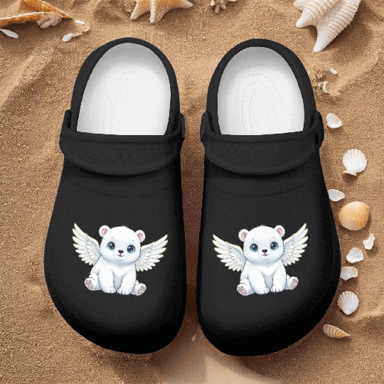Cute polar bear angel with wings smiling cartoon Nurse Clogs