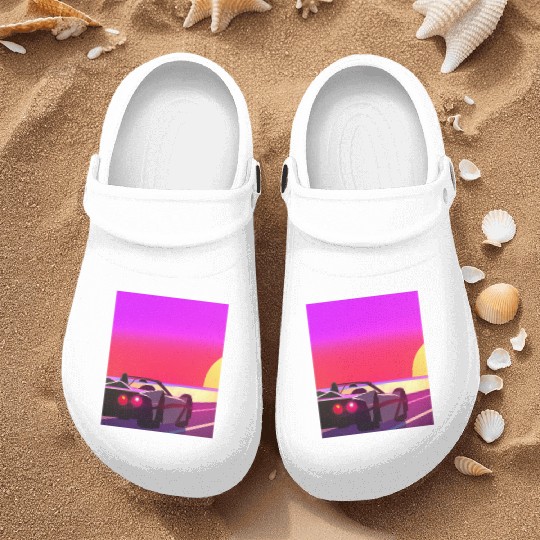 Synthwave Outrun Sports Car Beach Sunset Nurse Clogs