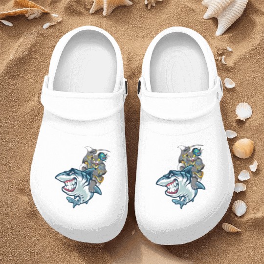 Cat Samurai Riding On Shark Nurse Clogs