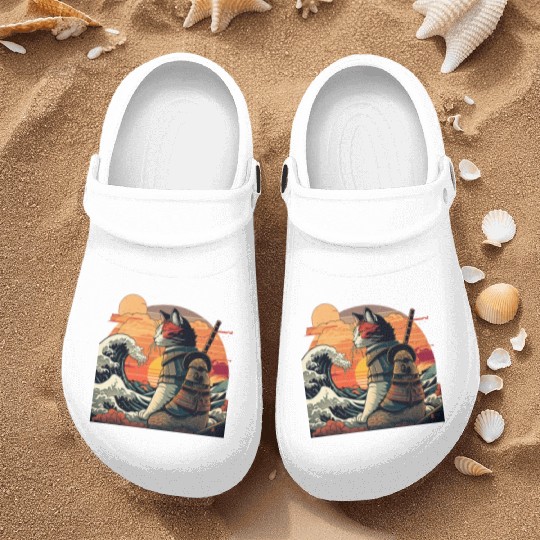 Retro samurai cat The Great Wave Hokusai Nurse Clogs