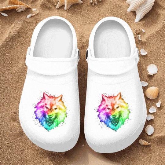 Bright Colorful Wolf Head – Rainbow Howling Wolf F Nurse Clogs