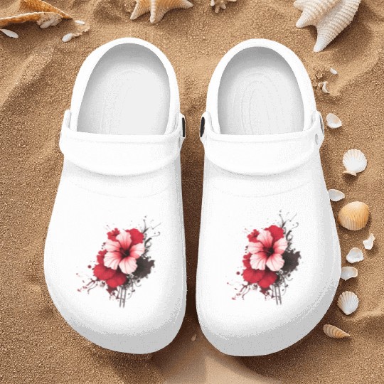 A red hibiscus flower ink drawing Nurse Clogs