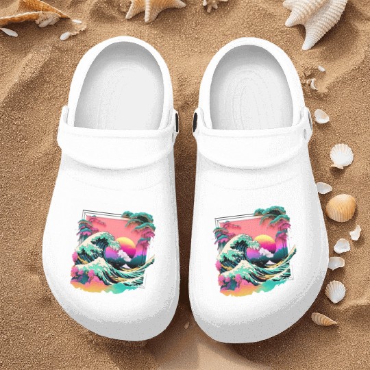 Vaperwave Aesthetic Glitch Great Wave Retrowave Nurse Clogs