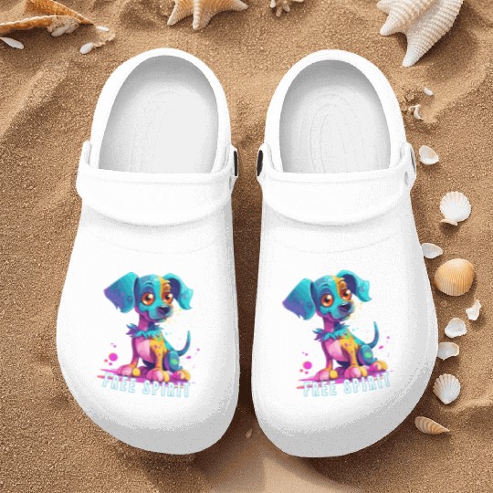 Free Spirit Nurse Clogs: Puppy Synthwave Graffiti Kids