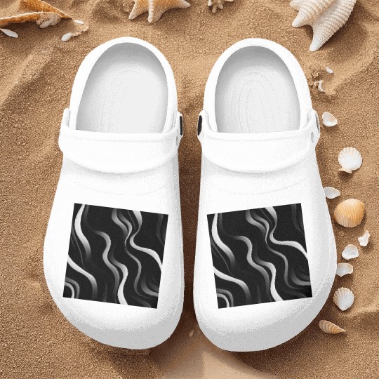 Monochrome Elegance: White Abstract Lines on Black Nurse Clogs