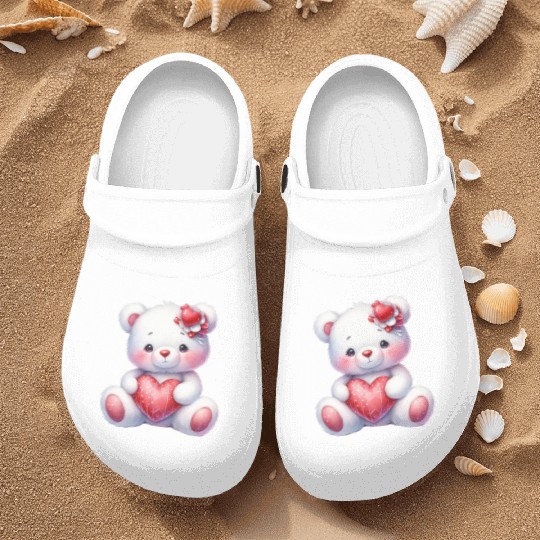 White Teddy Bear Love Valentine's Day Red Heart Nurse Clogs