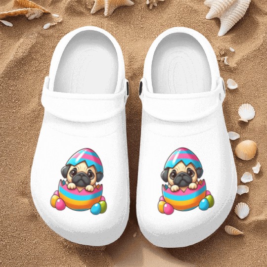 Easter pug hatches from colorful Easter eggs Nurse Clogs