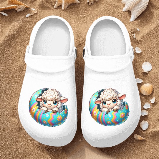 Colorful Lamb Hatching from Easter Egg Cartoon Nurse Clogs